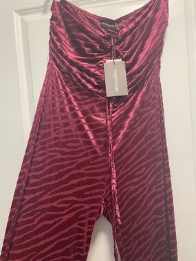 PLT Ruched Front Maroon Velvet Jumpsuit